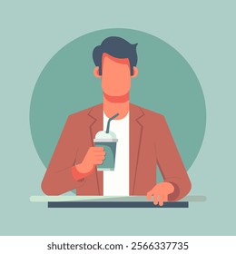 Cartoon man in a brown jacket holding cup of coffee. Flat vector illustration of man without face. Ideal for lifestyle and cozy-themed designs, the image captures a moment of relaxation and pleasure.