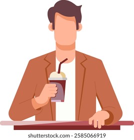 Cartoon man in a brown jacket holding cup of coffee. Flat vector illustration of man without face. Ideal for lifestyle and cozy-themed designs, the image captures a moment of relaxation and pleasure.