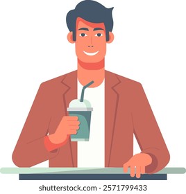 Cartoon man in a brown jacket smiles as he enjoys a cup of coffee, exuding warmth and contentment. Ideal for lifestyle and cozy-themed designs, the image captures a moment of relaxation and pleasure.