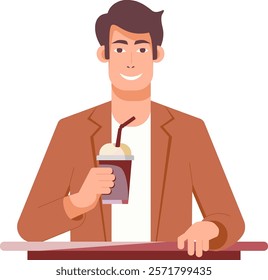 Cartoon man in a brown jacket smiles as he enjoys a cup of coffee, exuding warmth and contentment. Ideal for lifestyle and cozy-themed designs, the image captures a moment of relaxation and pleasure.