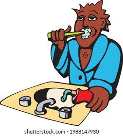 cartoon of man brushing his teeth