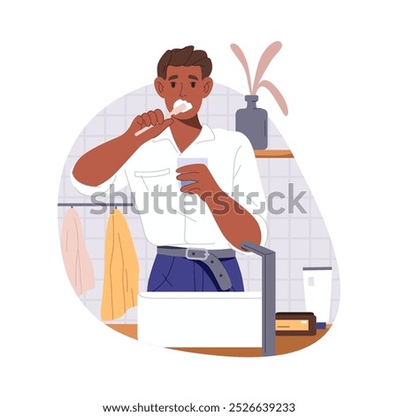Cartoon man brushing teeth at bathroom. Vector male brush mouth or doing oral protection routine. Toothpaste and toothbrush clean procedure. Morning whitening or daily wash. Dental and dentistry