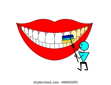 Cartoon man brushing teeth with a paste brush. Yellow teeth become white. Vector illustration