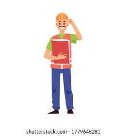 Cartoon man in builder uniform holding document book and smiling. Male construction worker wearing safety helmet - flat vector illustration isolated on white background.