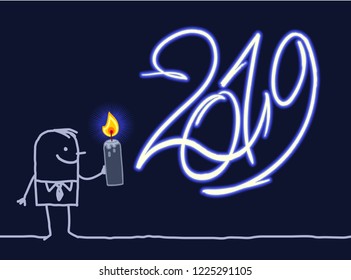 Cartoon Man with Burning  Candle and 2019 Glowing Sign