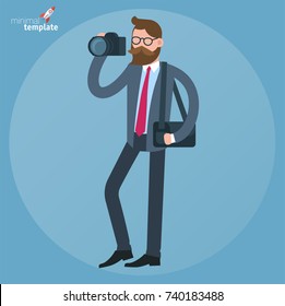 Cartoon man in business suit with dslr camera doodle icon concept. Flat design, vector template illustration.