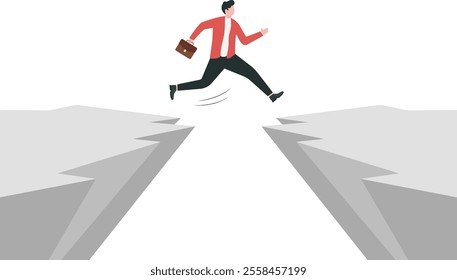 Cartoon man in business suit jumps from one rocky cliff to another. overcoming obstacles and risk taking concept 

