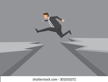 Cartoon man in business suit jumps from one rocky cliff to another. Creative vector illustration for overcoming obstacles and risk taking concept isolated on grey background.