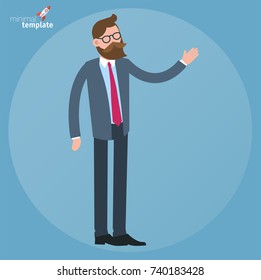 Cartoon man in business suit making presentation doodle icon concept. Flat design, vector template illustration .
