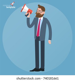 Cartoon man in business suit promoting with megaphone doodle icon concept. Flat design, vector template illustration.