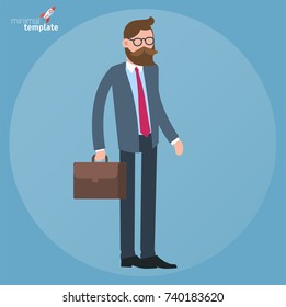 Cartoon man in business suit standing with briefcase doodle icon concept. Flat design, vector template illustration.