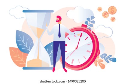 Cartoon Man Businessman Watch Hourglass Running Vector Illustration. Deadline Time Management Concept. Work Productivity Planning. Dollar Coin Money Symbol. Business Sucess Strategy