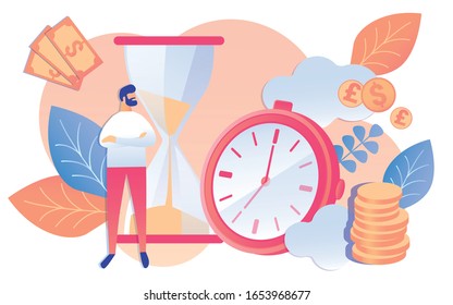 Cartoon Man Businessman Watch Sandglass Running, Stopwatch Clock Vector Illustration. Business Company Expense. Time Delay Money Cost. Deadline Timer. Project Financial Profit Management