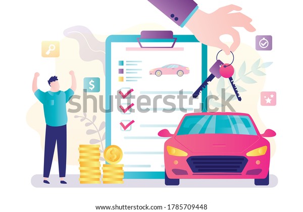 Cartoon man buys new car. Male character\
enjoys new purchase. Contract of sale, business agreement. Hand\
giving keys from automobile. Concept of auto store and vehicle\
store. Flat vector\
illustration