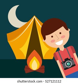 cartoon man with camera around his neck and behind bonfire and tent over night background. colorful design. vector illustration