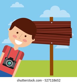 cartoon man with camera device around his neck and wooden road sign. colorful design. vector illustration