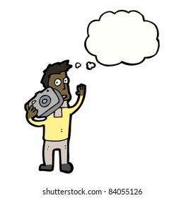 cartoon man with camera and thought bubble