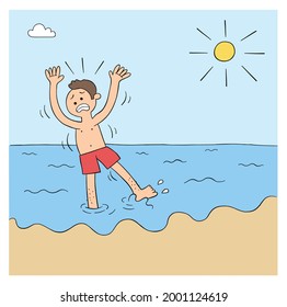 Cartoon man can't swim and is afraid of the sea, vector illustration. Colored and black outlines.