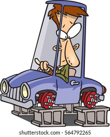 cartoon man in car up on blocks