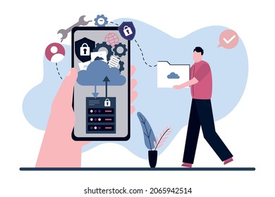 Cartoon man carries files for uploading to cloud storage. Hand holding phone with app. Cloud computing and network services. Hosting stage service. Data storage and processing. Vector illustration