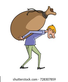 Cartoon Man Carrying A Heavy Bag On His Back