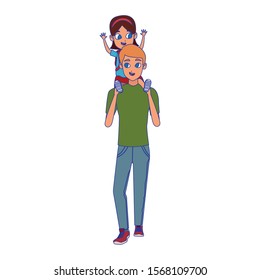 cartoon man carrying his little daughter on shoulders over white background, colorful design , vector illustration