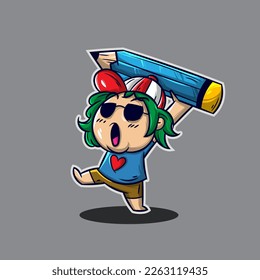 Cartoon Man Carrying Pencil For T  Shirt And Sticker Designs
