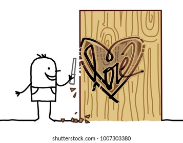 Cartoon Man Carving a Wood Heart