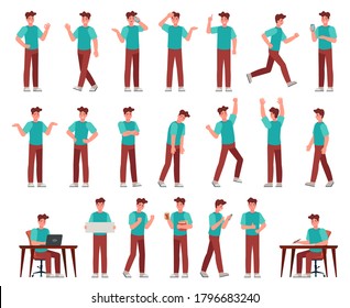 Cartoon man in casual outfit. Young male character in different poses. Student with various gestures, face expression vector set. Guy working with laptop, writing at desk, talking on phone, routine