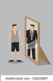 Cartoon man in casual wear stands in front of mirror and sees himself as a rich man in suit in reflection. Creative vector cartoon vector illustration on self-perception concept.