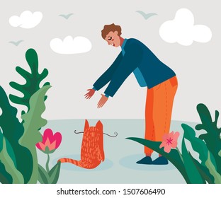 Cartoon Man and Cat on Flat Nature Vector Illustration. Taking Care of Pets. Adorable Mammal Animal View from Back. Male Character Wants Stroking Cute Kitten. Excited Feline Kitty Owner