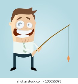 cartoon man catching a small fish
