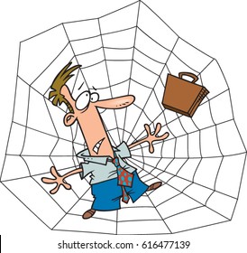cartoon man caught in a web