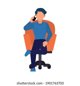 cartoon man with a cellphone and sitting on a orange desk chair over white background, flat style, vector illustration