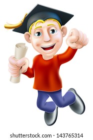 Cartoon man with certificate, qualification or other scroll jumping for joy with fist clenched. Education concept for learning, training or passing an examination