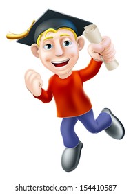 Cartoon man with certificate, qualification or other scroll jumping for joy with fist clenched. Education concept for learning, training or passing an examination