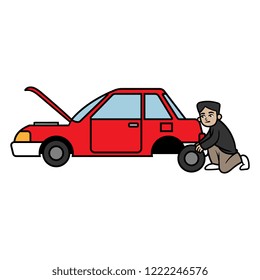 Cartoon Man Changing Car Tire