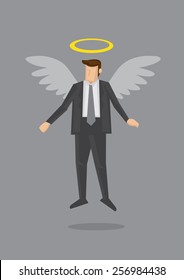 Cartoon man character in business suit with wings and halo flying in the air. Metaphor for business angel or angel investor.