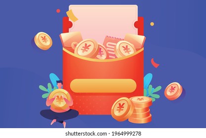 Cartoon Man Character Carrying Big Flat Gold Dollar Coin.Red envelope packet chinese new year.Vector illustration for financial success, successful businessman, wealth concept