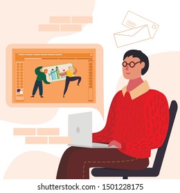 Cartoon Man Character Creating Project on Laptop. Designer Working with Graphic Editor. Flat Office Interior. Digital Marketing, Mailing. Online Service Development. Remote Work. Vector Illustration