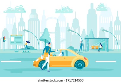 Cartoon Man Character Handing out Advertising and Promoting Flyers on Street. Leaflet Distribution. People Driving Cars, Standing on Bus Stop. Commerce and Marketing. Vector Flat Illustration