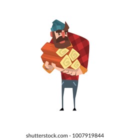 Cartoon man character holding stack of logs. Funny bearded woodcutter. Lumberjack dressed in red plaid shirt blue jeans and hat. Colorful flat vector design