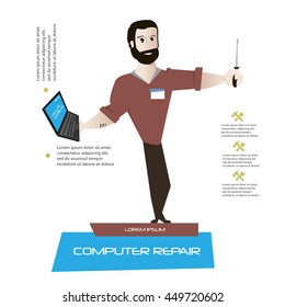 Cartoon man character with laptop and tool vector illustration. Computer repair and support concept poster.