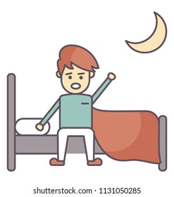 
A cartoon man character on bed in night symbolising time to sleep or bedtime 
