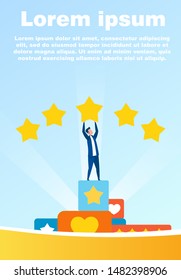 Cartoon Man Character Receiving Five Stars. Best Rating and Performance Estimate. Successful Social Media Marketing. Positive People Feedback and Comments. Motivate Banner. Vector Flat Illustration