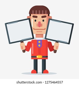 Cartoon man character with red shirt holding two whiteboard sign