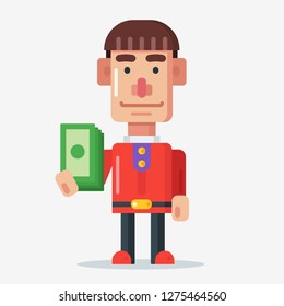 Cartoon man character with red shirt holding a lot of money