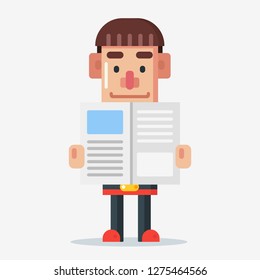 Cartoon man character with red shirt reading newspaper