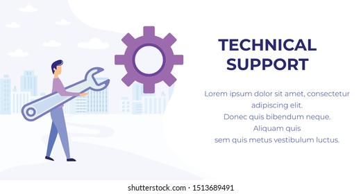 Cartoon Man Character, Repairman Holding Big Wrench over Flat Cityscape. Helpdesk Contact Hotline. Technical Support and Assistance Service. Banner Advertising Online Help. Vector Illustration