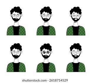Cartoon Man Character Set with Different Emotions — Vector Illustration